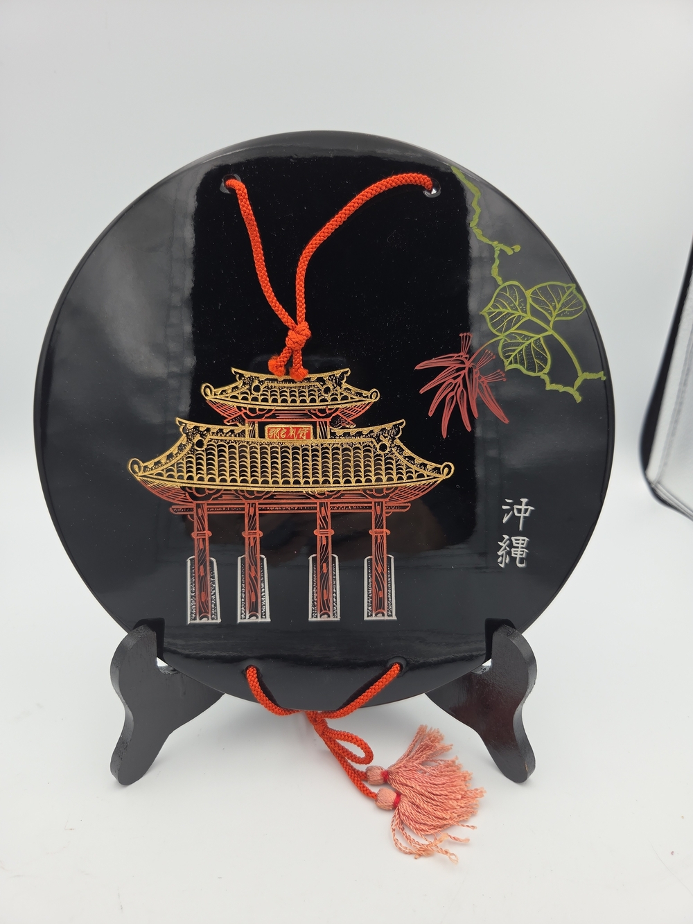 Vintage Ryukyu Black and Red Decorative Japanese Gate Wall Plaque